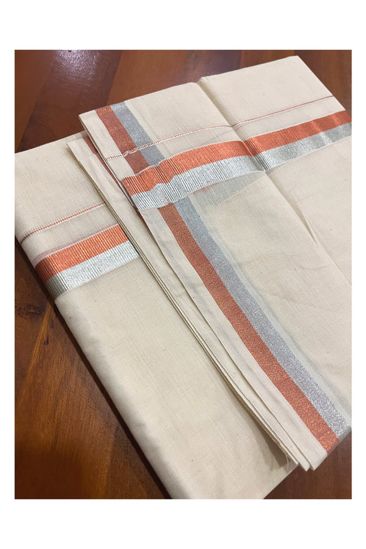 Pure Cotton Double Mundu with Copper and Silver Kasavu Kara (South Indian Kerala Dhoti)