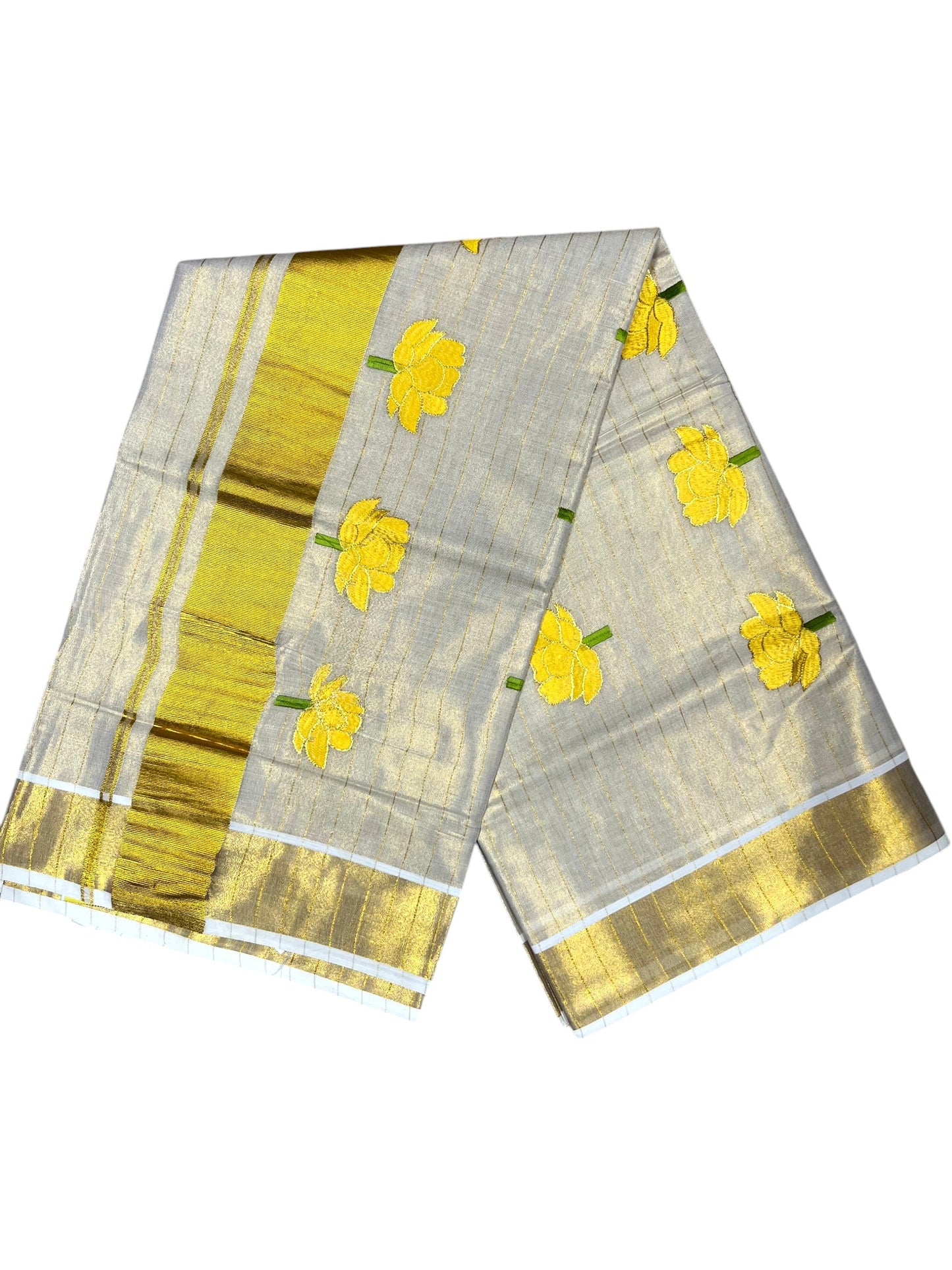 Southloom Kerala Tissue Kasavu Saree with Yellow Lotus Embroidery Design SL289