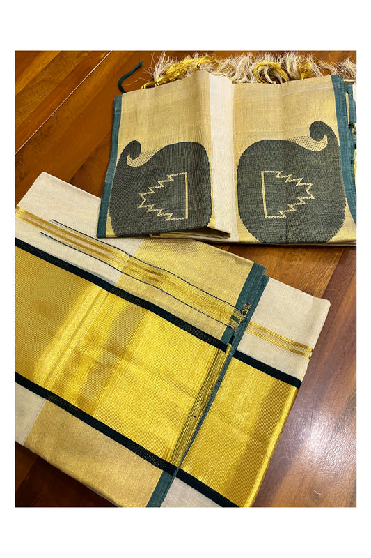 Southloom Handloom Premium Tissue Kasavu Set Mundu With Green Paisley Woven Patterns (Mundum Neriyathum) 2.70 Mtrs