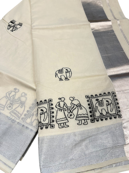 Kerala Cotton Silver Kasavu Saree With Mural Festival Parasol Plain And Black Elephant Design And Embroidery Work