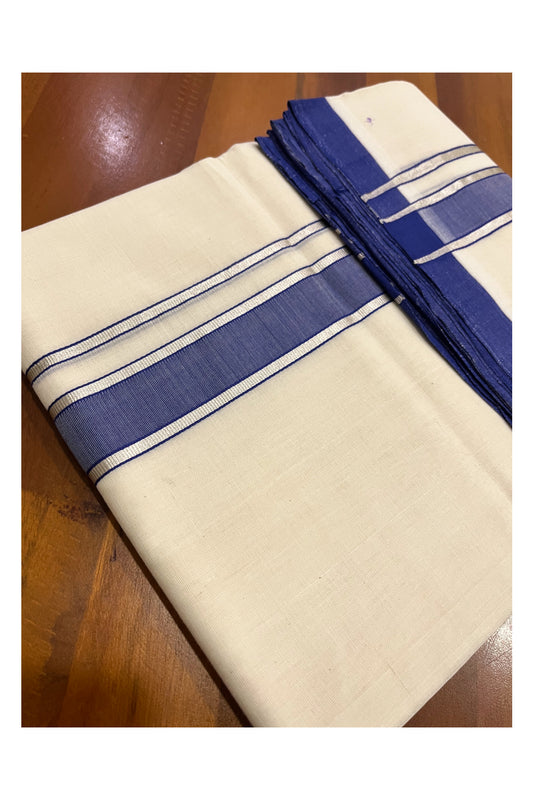 Southloom Premium Balaramapuram Unakkupaavu Handloom Mundu with Blue and Silver Kasavu Border (South Indian Kerala Dhoti)