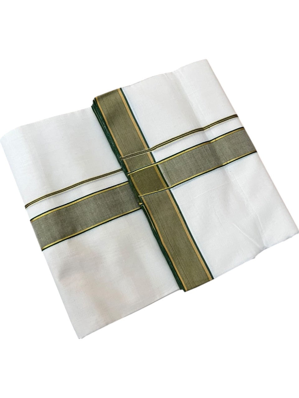 Southloom Balaramapuram Unakkupaavu Premium Handloom Cotton Double Mundu with Gold Kasavu and Green Border