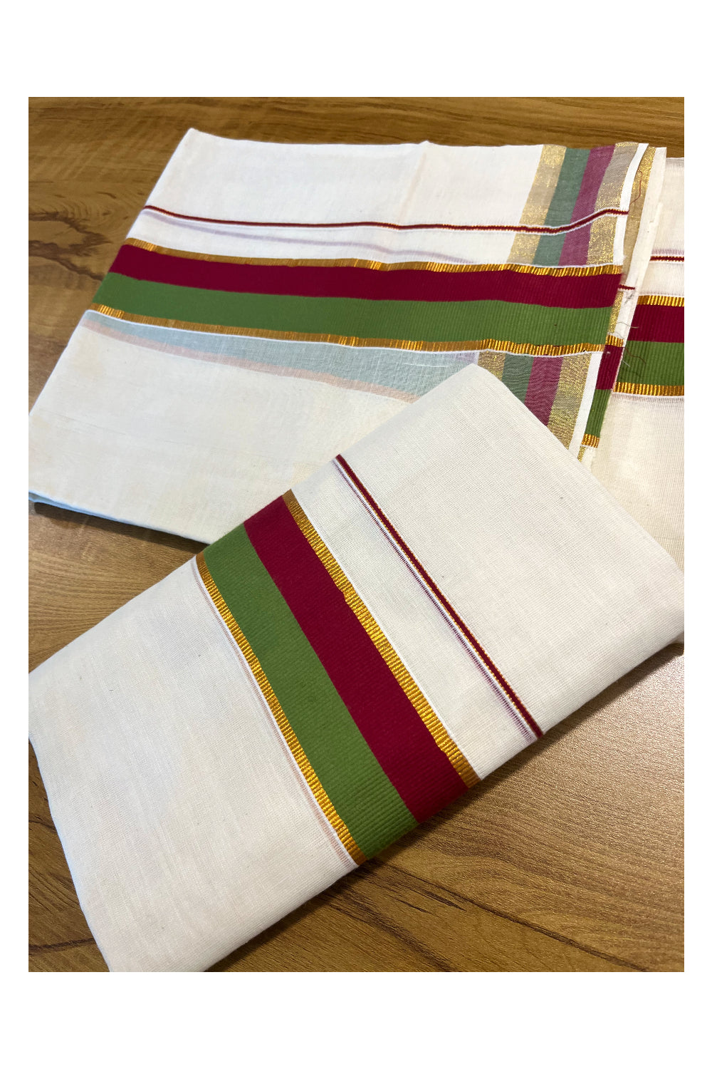 Kerala Cotton Kasavu Set Mundu (Mundum Neriyathum) with Maroon and Olive Green Border 2.80 Mtrs