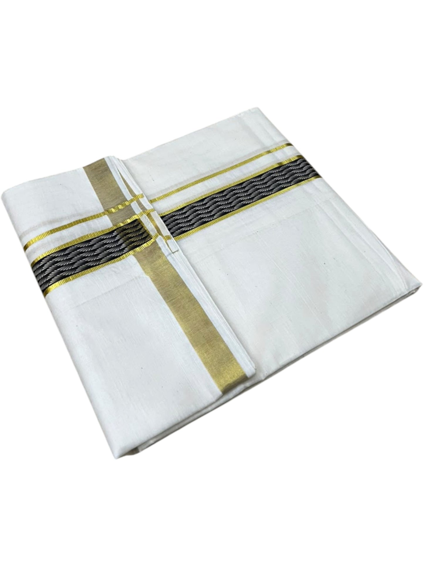 Southloom Pure Cotton Double Mundu with Black Block Printed And Ksavu Border (South Indian Kerala Dhoti)