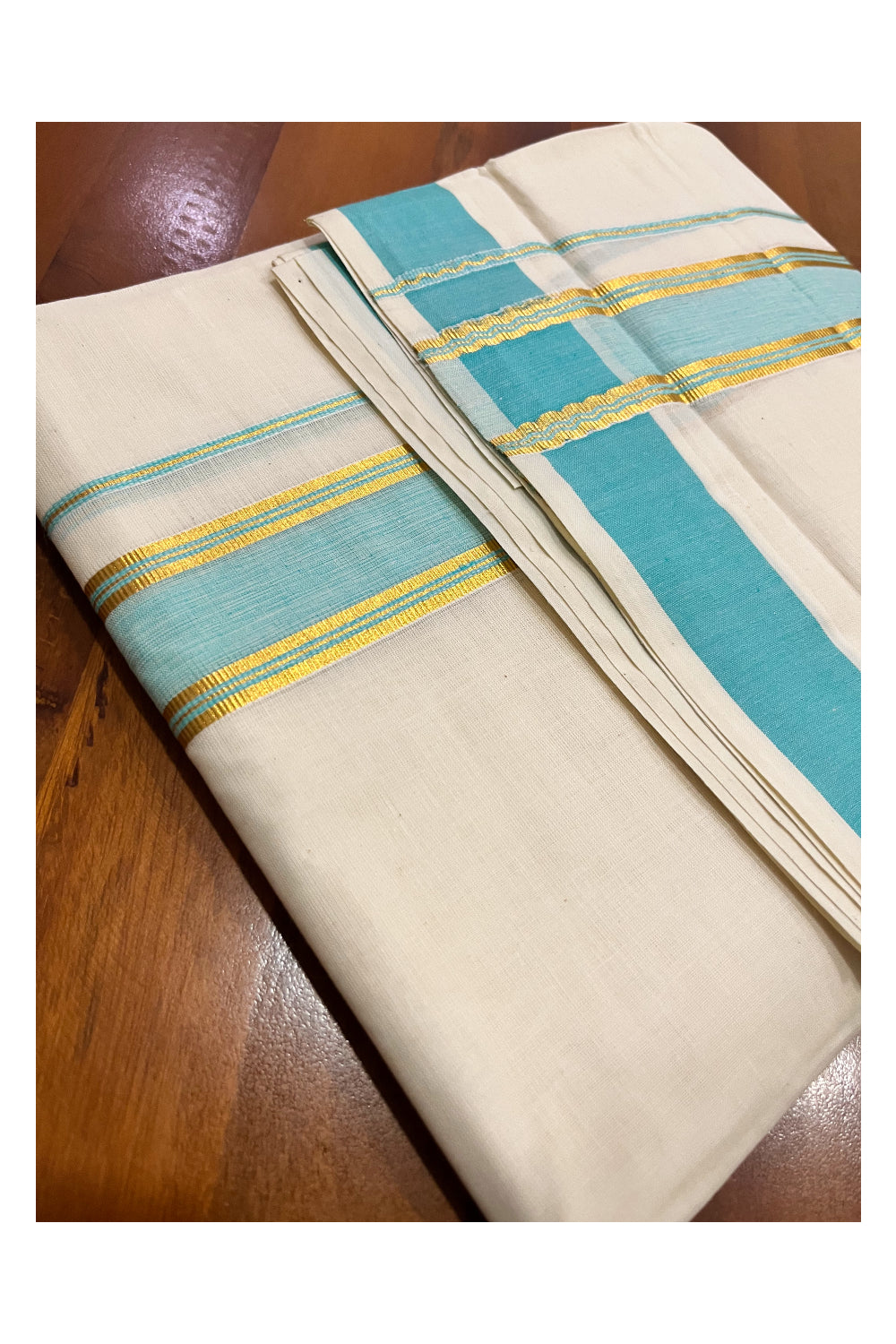 Kerala Pure Cotton Double Mundu with Turquoise and Kasavu Border (South Indian Kerala Dhoti)