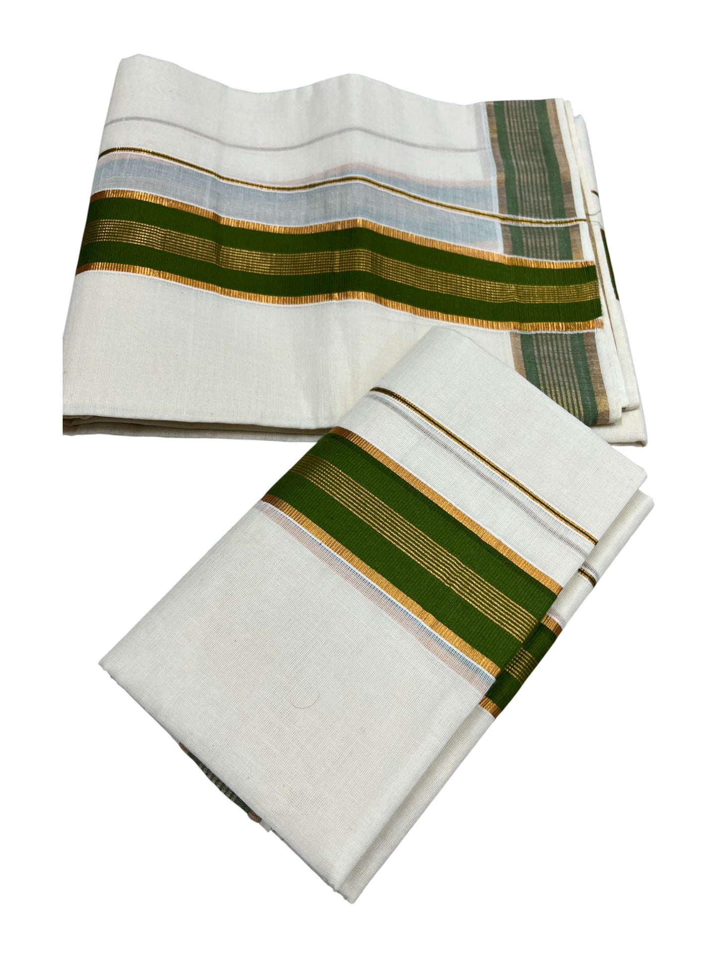 Kerala Cotton Kasavu  Set Mundu (Mundum Neriyathum) with Green Border in 2.80 Mtrs