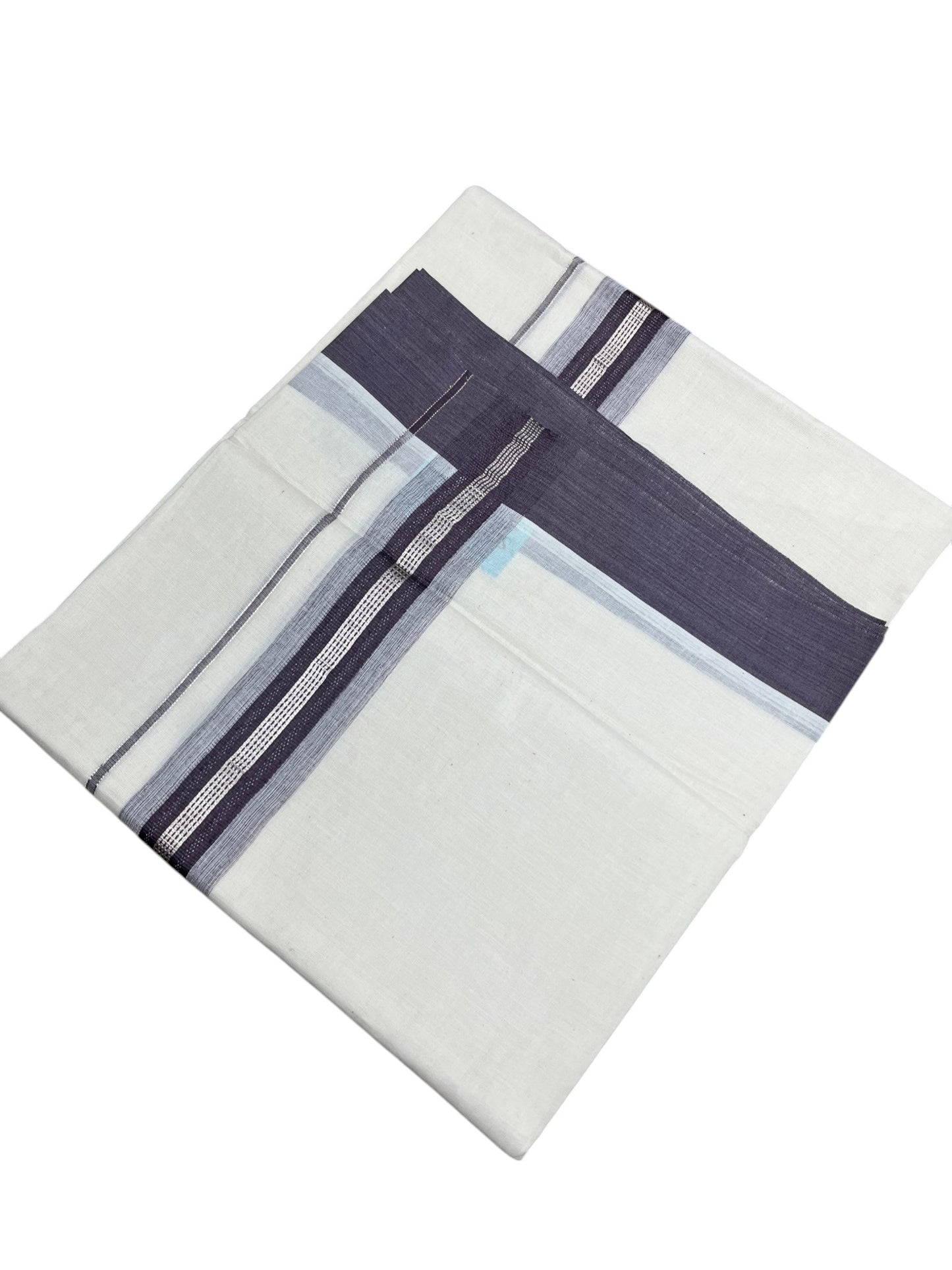 Southloom Kerala Pure Cotton Double Mundu with Silver Lines and Puple Border with (South Indian Dhoti)