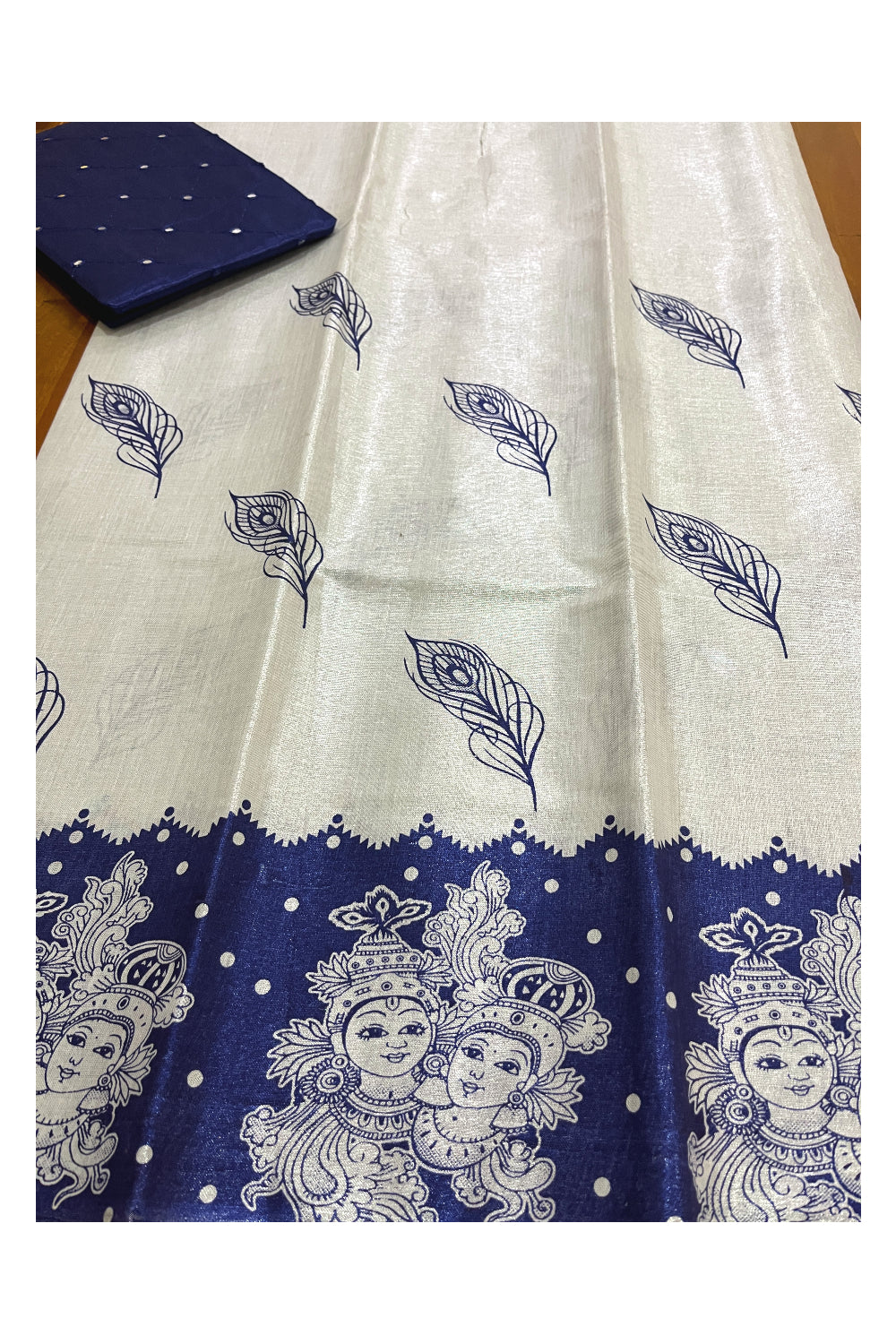 Kerala Silver Tissue Block Printed Pavada and Blue Designer Blouse Material for Kids/Girls 4.3 Meters