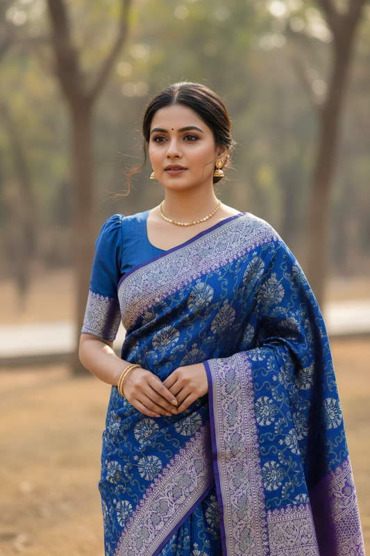 Southloom Pure Banarasi Silk Saree with Woven Work on Body and Borders (Blue)