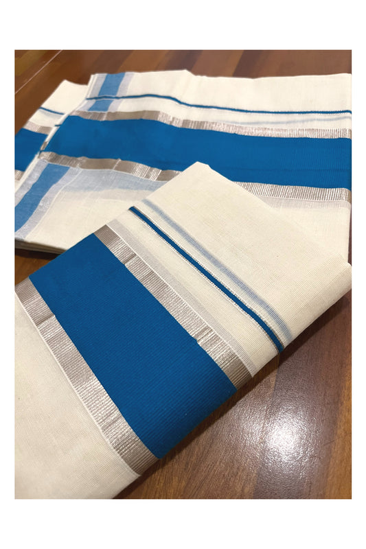 Kerala Cotton Mundum Neriyathum Single (Set Mundu) with Blue and Silver Kasavu Border 2.80 Mtrs