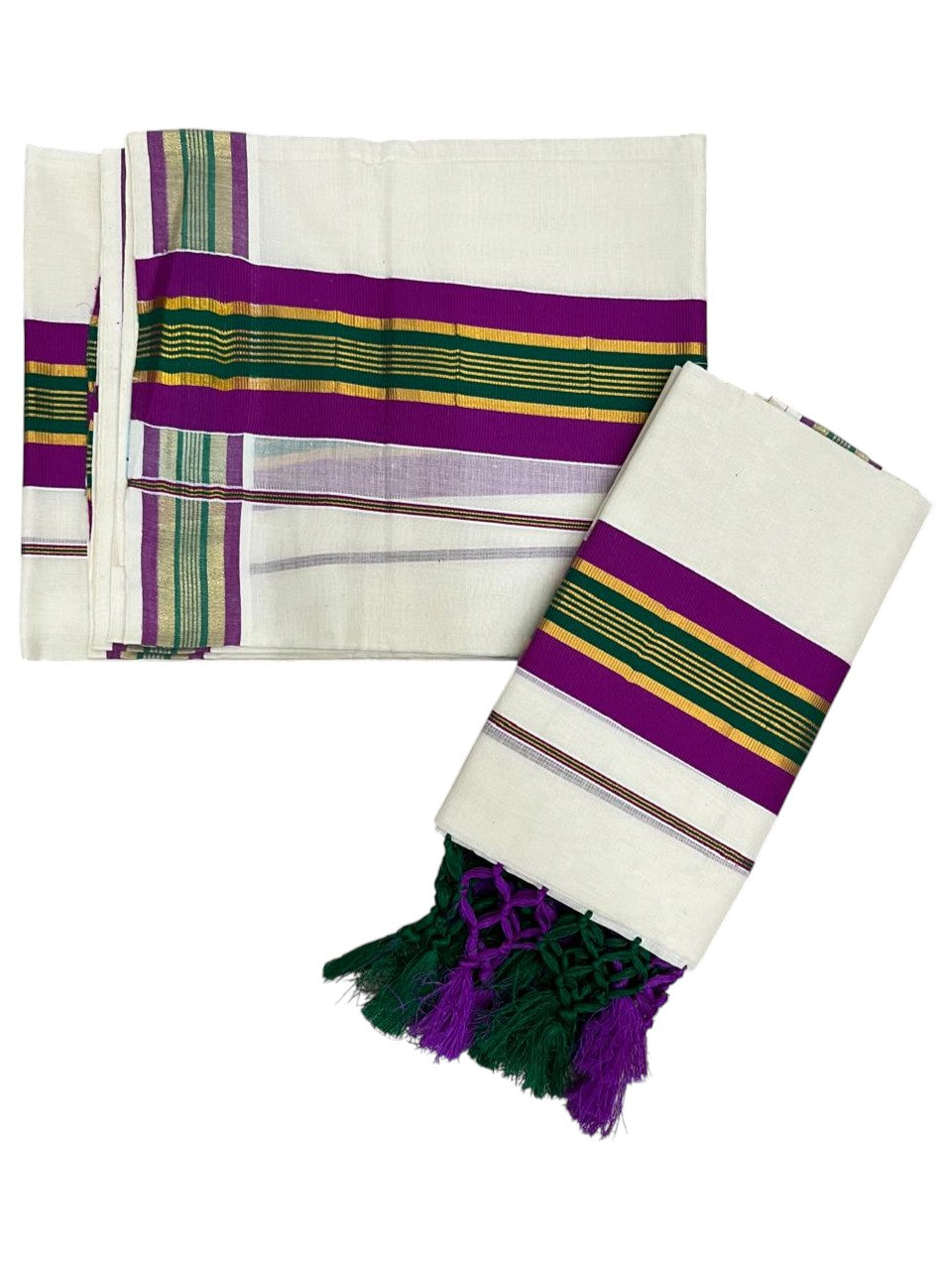 Southloom Kerala Cotton Kasavu Single Set Mundu (Mundum Neriyathum) with Magenta and Green Border SLKK SL518