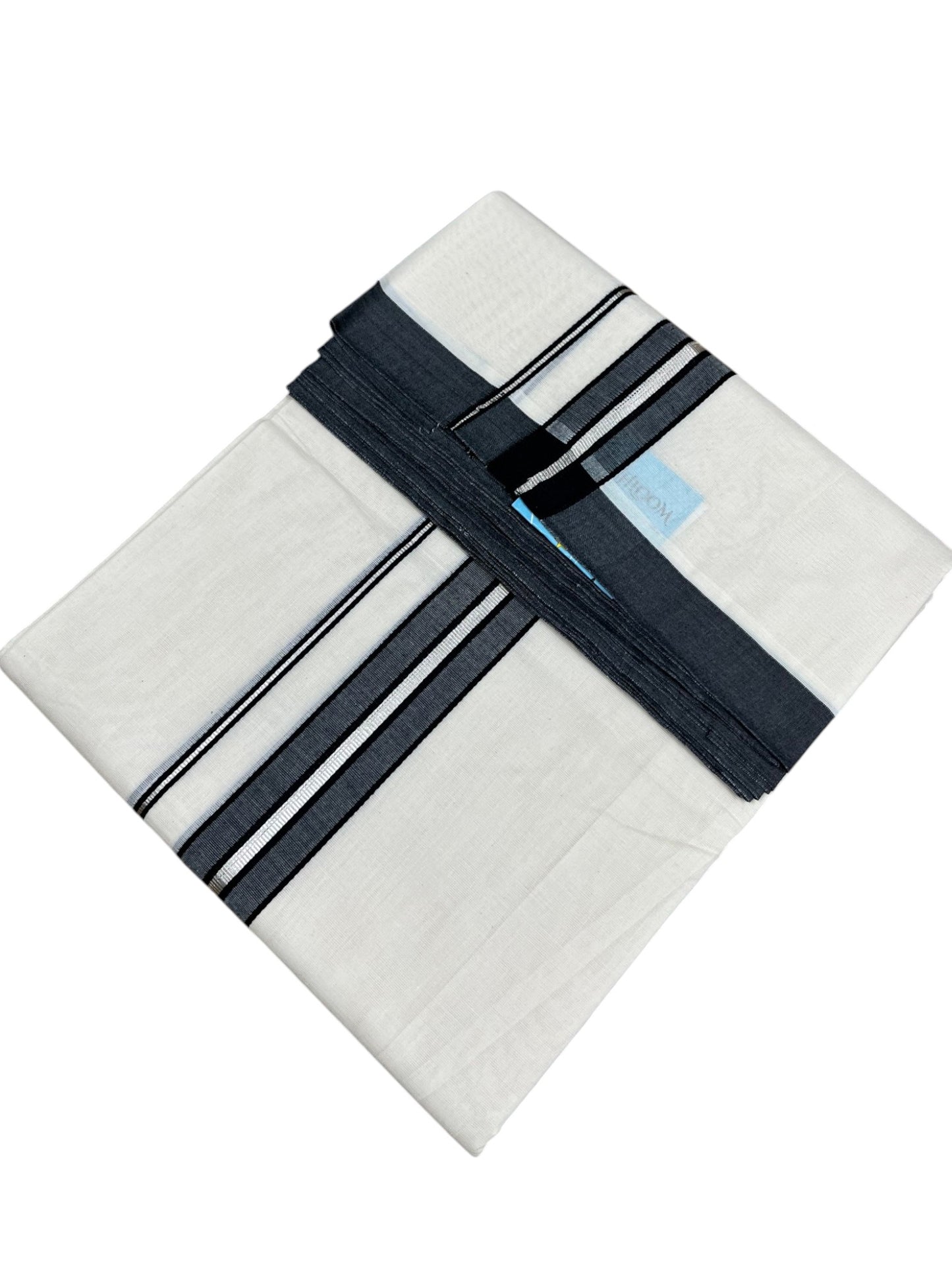 Southloom Pure Cotton Mundu with Silver Lines and Black Border (South Indian Kerala Dhoti)