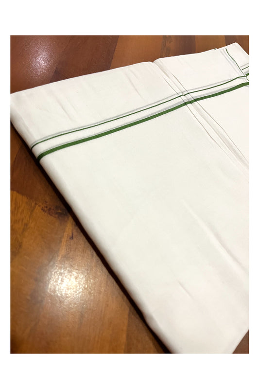 Pure White Kerala Cotton Double Mundu with Olive Green Thin Kara (South Indian Kerala Dhoti)