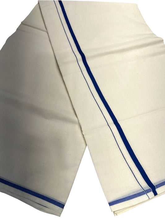 Southloom Kerala Cotton Plain Saree with Blue Puliyilakkara Border