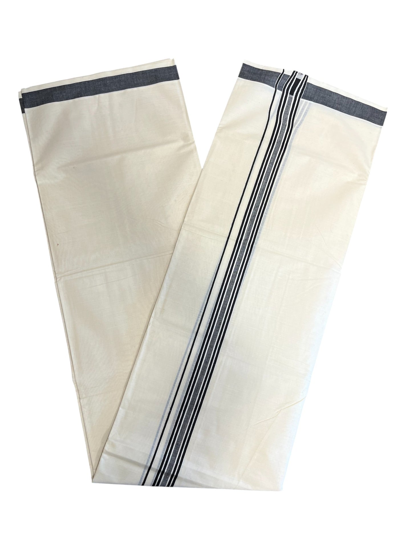 Southloom Pure Cotton  Double Mundu With White Lines & Black Border (South Indian Kerala Dhoti)