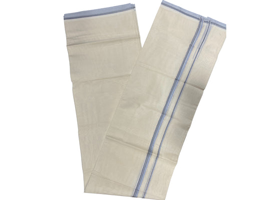 Southloom Pure Cotton Mundu with silver and Light Blue Border (South Indian Kerala Dhoti)