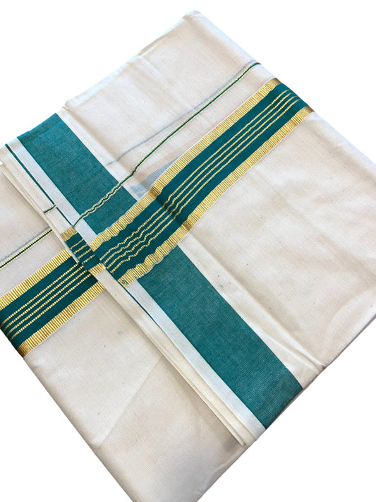 Southloom Kerala Pure Cotton Double Mundu with Gold Lines & Green Border (South Indian Dhoti)