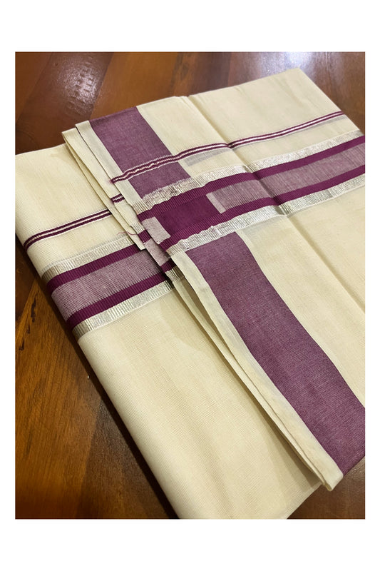 Kerala Cotton Off White Double Mundu with Silver Kasavu and Purple Border (South Indian Kerala Dhoti)