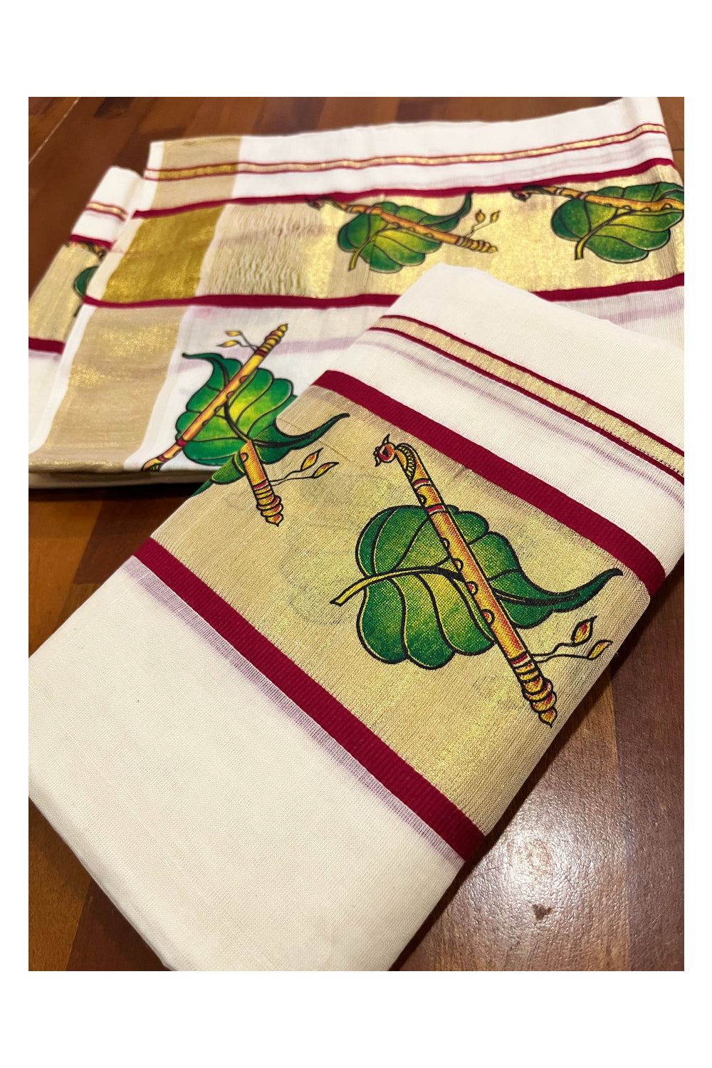 Kerala Cotton Single Set Mundu (Mundum Neriyathum) with Leaf and Flute Block Prints on Kasavu Maroon Border