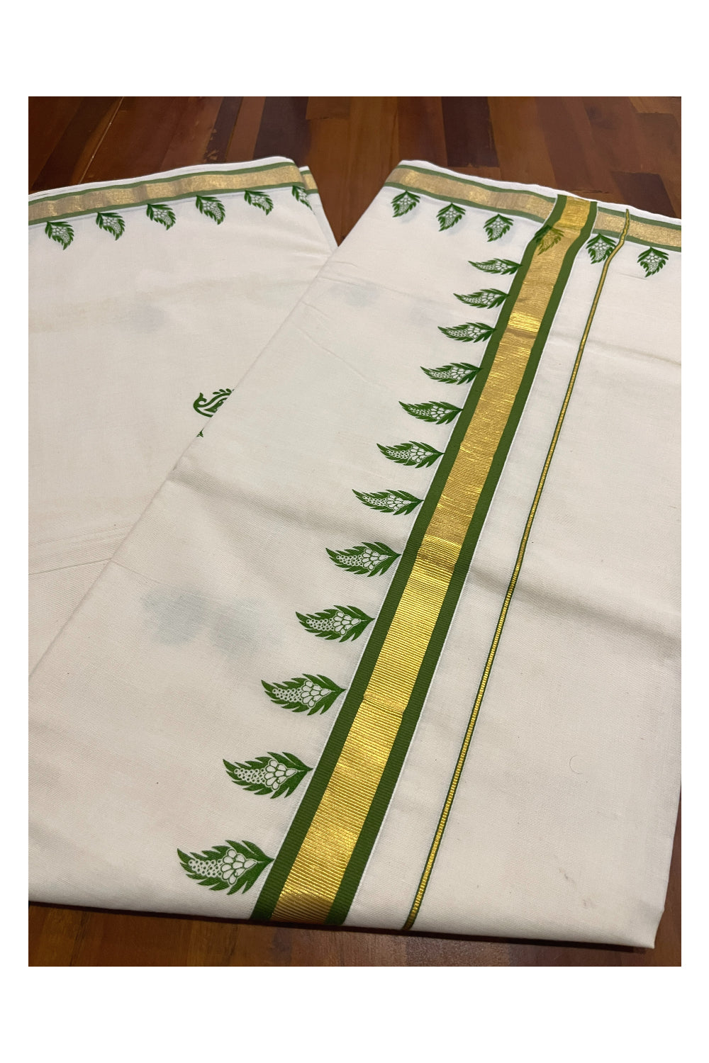 Pure Cotton Kerala Kasavu Saree with Green Floral Block Printed Design