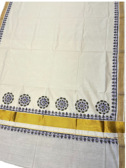 Southloom Cotton Kerala Kasavu Saree with Green and Violet Block Prints On Border