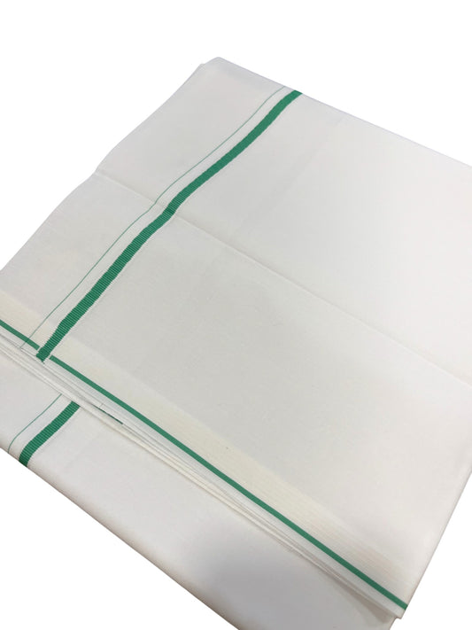 Pure White Cotton Single Mundu with  Green PuliyilaKara (South Indian Dhoti)