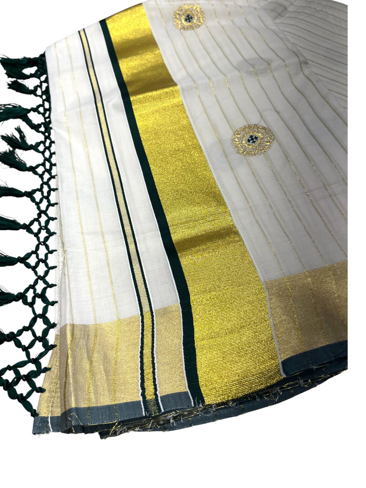 Kerala Cotton Kasavu Stripes Saree with Green Floral Embroidery Design on Body