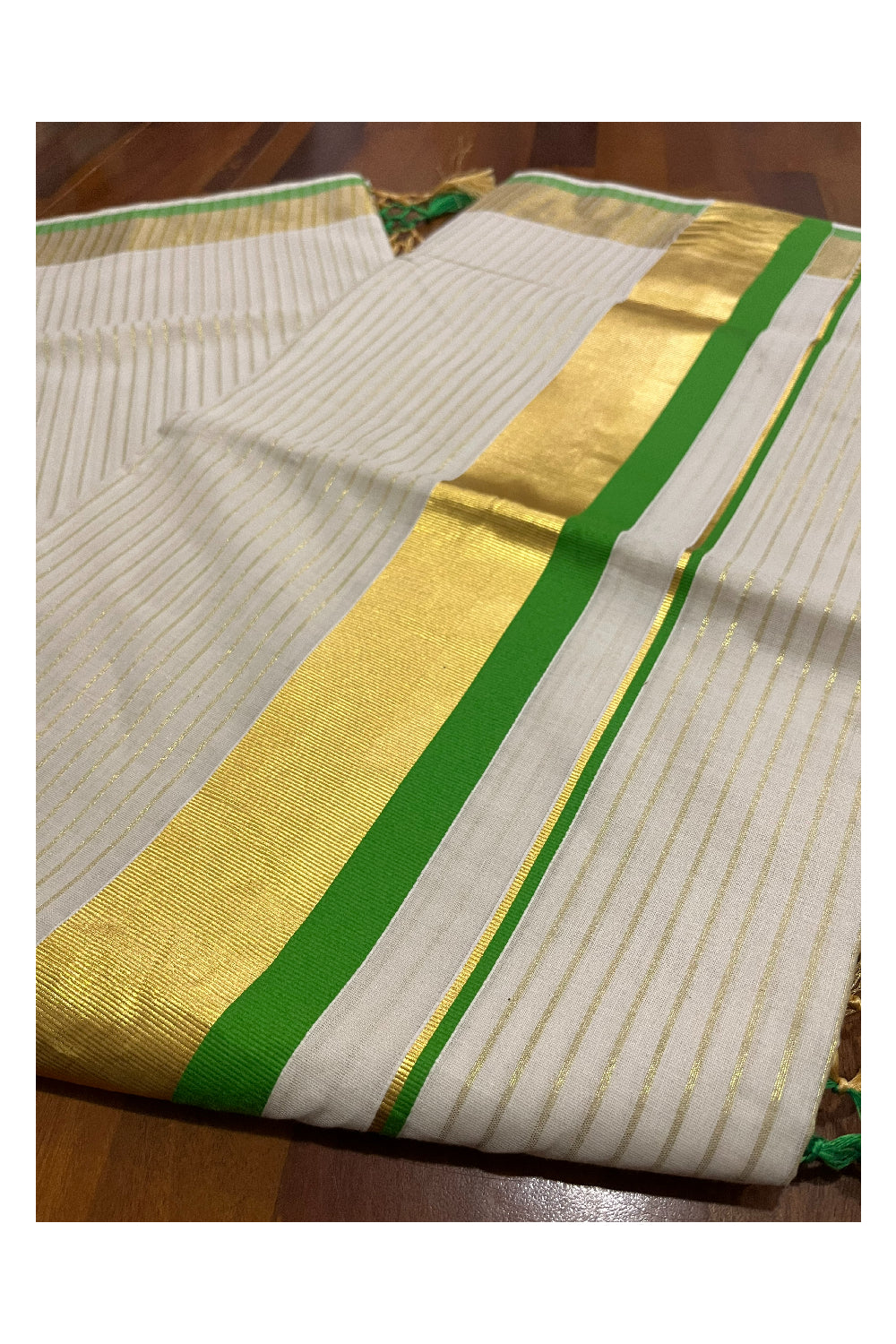 Pure Cotton Kerala Kasavu Lines Design Saree with Light Green Border and Tassels Work (Onam Saree 2023)