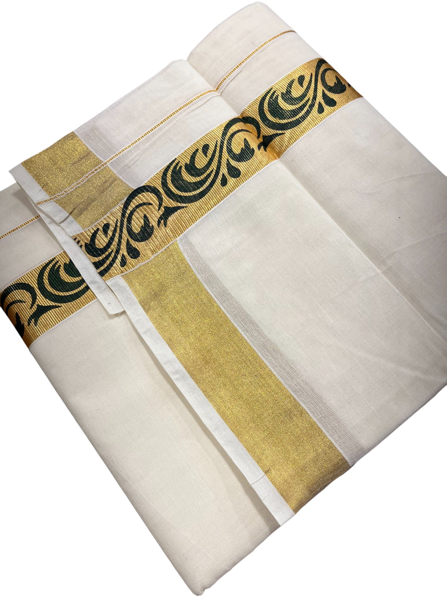 Southloom Kasavu Double Mundu with Green Prints Along Kasavu Kara