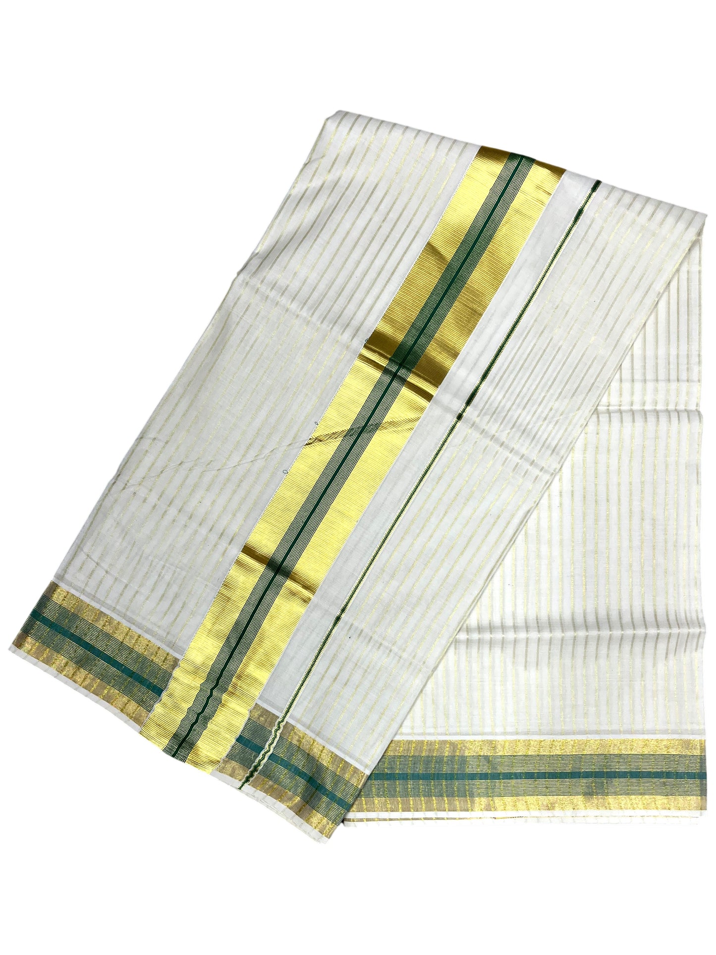 Southloom Pure Cotton Kerala Kasavu Lines Design Saree with Green Border