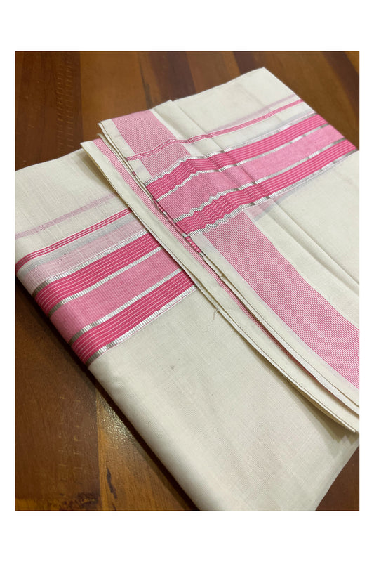 Off White Pure Cotton Double Mundu with Silver Kasavu Lines and Pink Border (South Indian Dhoti)