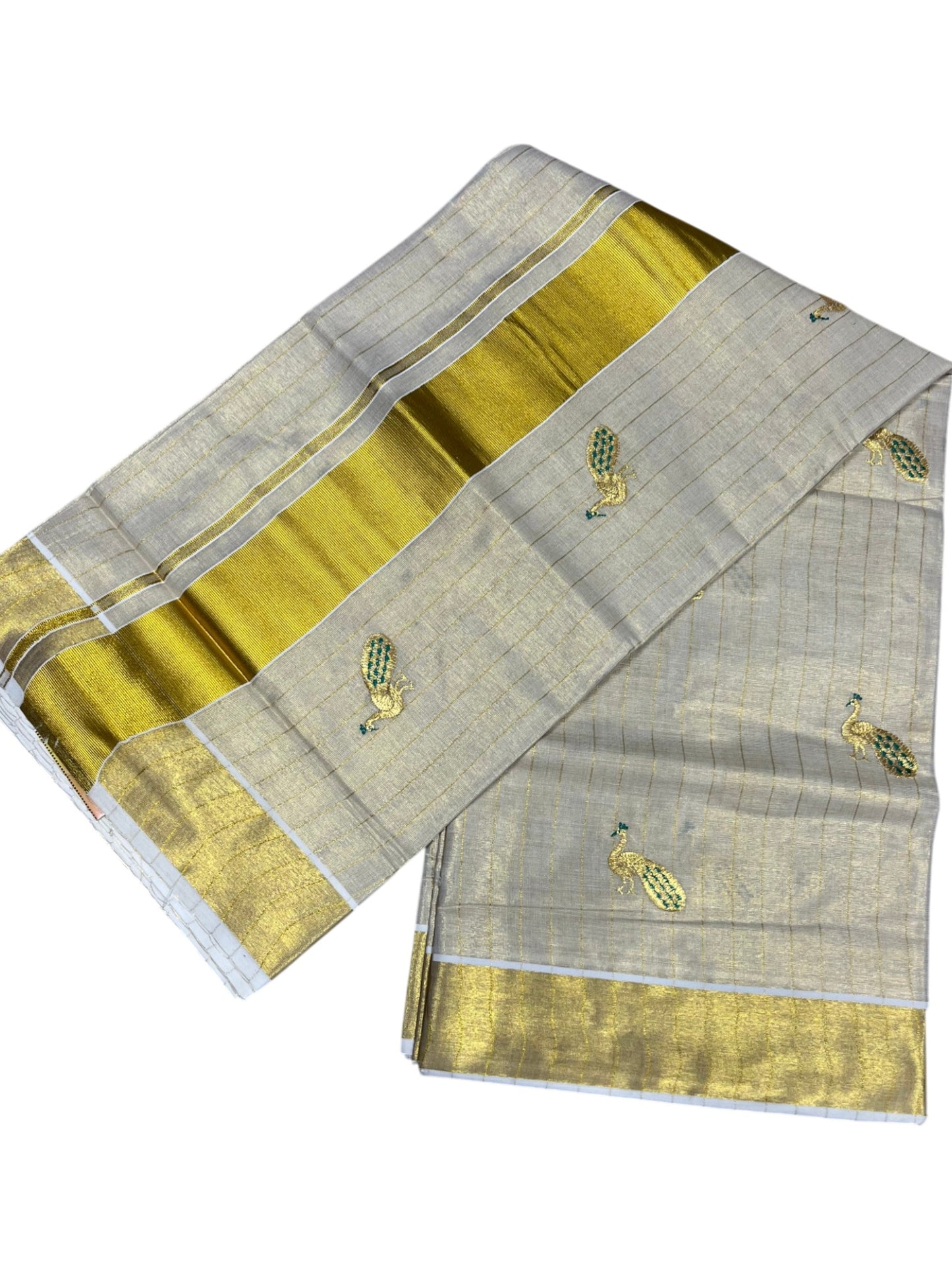 Southloom Tissue Kerala Kasavu Lines Saree with Peacock Embroidery Work on Body in Peacock Green