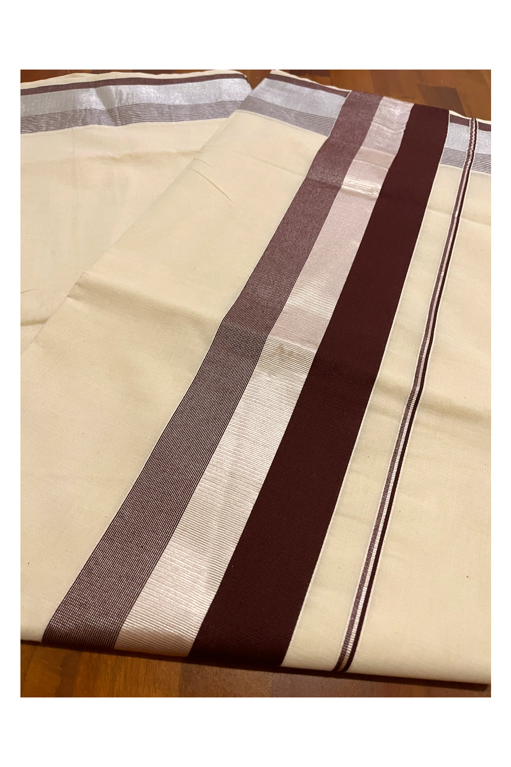 Kerala Pure Cotton Plain Saree with Silver Kasavu and Brown Border