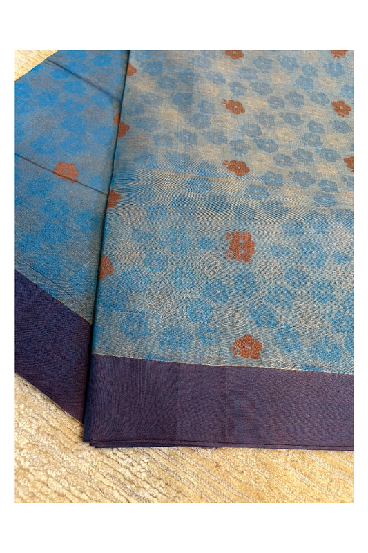 Southloom Kerala Cotton Saree with Floral Woven Works Across Body in Blue