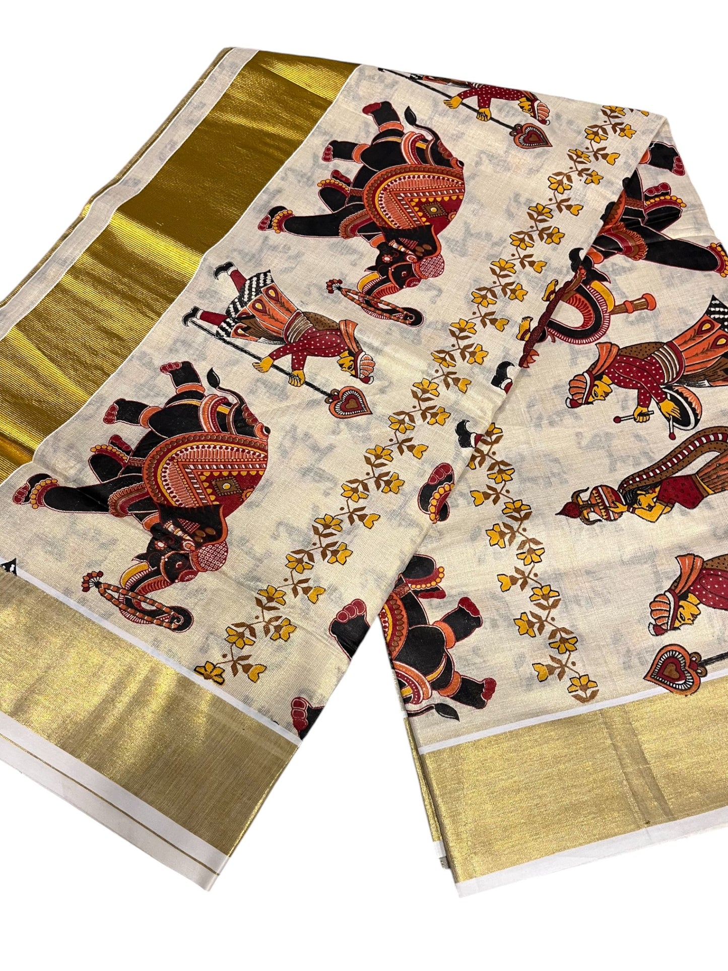 Southloom Kerala Tissue Kasavu Saree With Mural Festival Parasol and Elephant Design