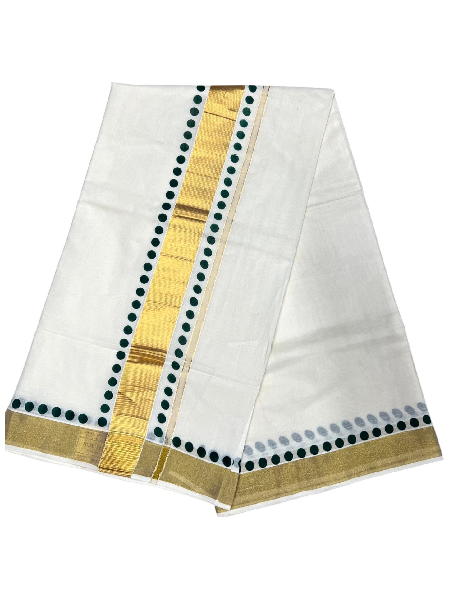 Southloom Cotton Kerala Kasavu Saree with Green Polk Dots Design Border