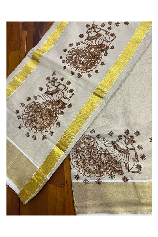 Kerala Tissue Kasavu Saree with Brown Peacock Block Printed Designs