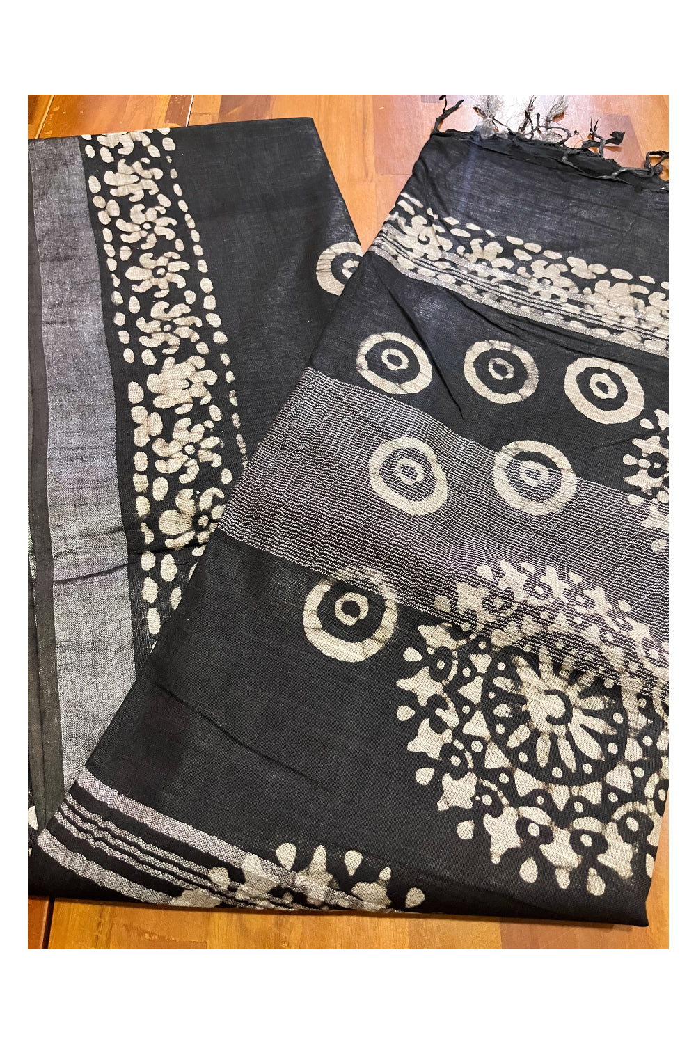 Southloom Cotton Black Saree with Baswara Prints and Silver Zari Border