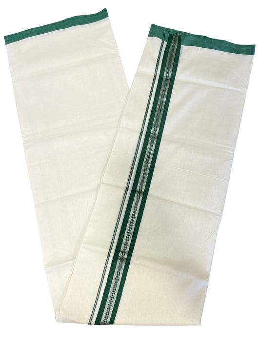 Southloom Premium Handloom Cotton Double Mundu with Green And Silver Line Border