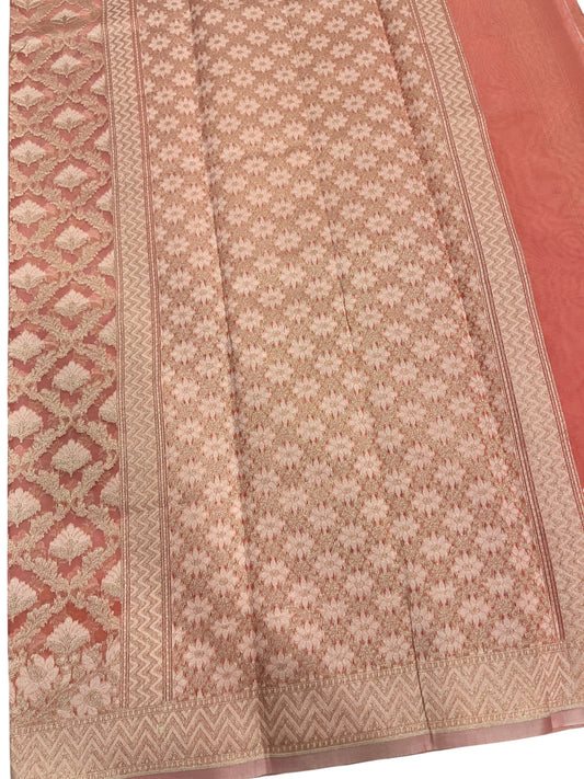 Southloom Cotton Banarasi Silk Saree with Woven Work on Body and Borders (Peach)