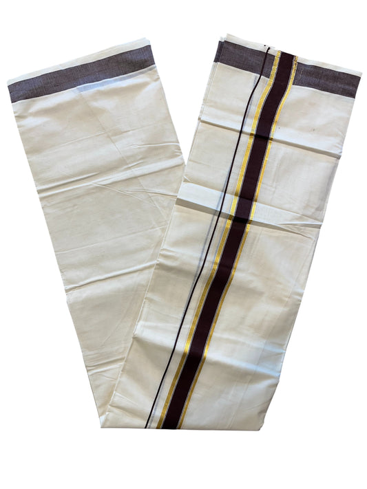 Southloom Pure Cotton Mundu with Gold Kasavu and Brown  Colour Border (South Indian Kerala Dhoti)