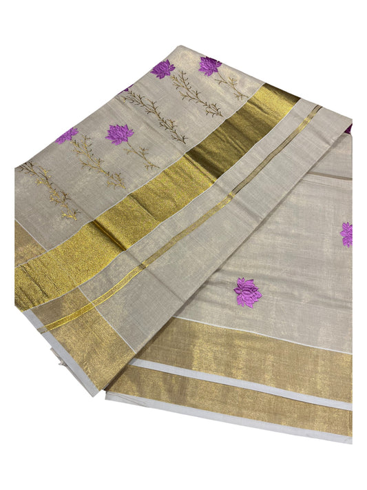 Southloom Kerala Tissue Kasavu Saree with Pink Floral Print on Body and Border
