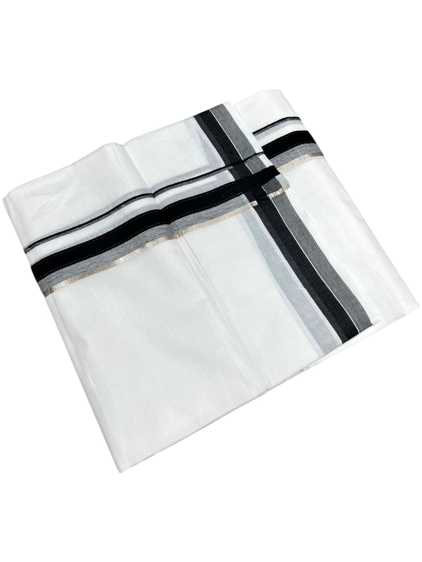 Southloom Pure White Cotton Mundu with Silver Line & Black Border (South Indian Kerala Dhoti)