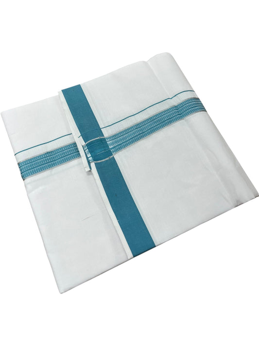 Southloom Pure White Cotton Mundu with Silver Line & Blue Border (South Indian Kerala Dhoti)