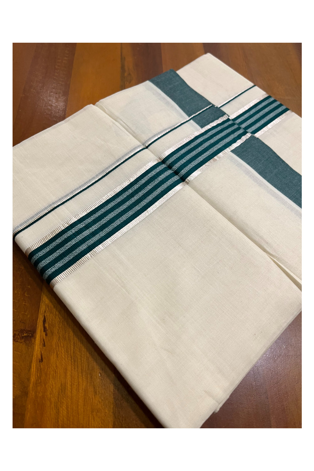 Kerala Pure Cotton Double Mundu with Silver Kasavu and Dark Green Border (South Indian Kerala Dhoti)