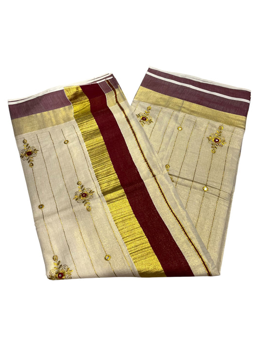 Kerala Tissue Kasavu Lines Saree with Golden And Maroon Embroidery Works