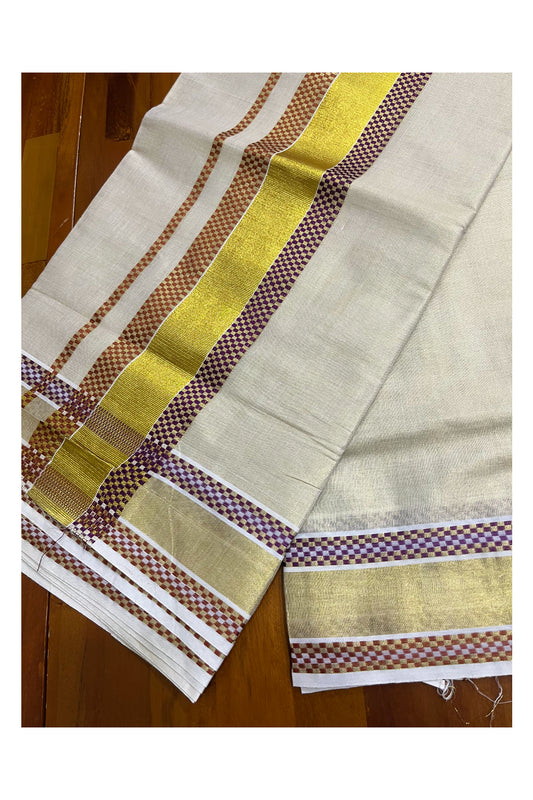 Kerala Kasavu Tissue Saree with Violet and Orange Paa Neythu Border
