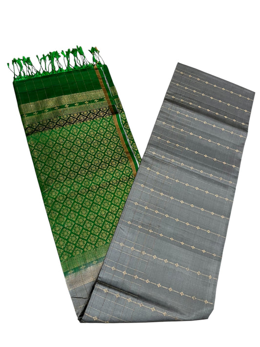 Southloom Pure Handloom Kanchipuram Silk Saree with Korvai Work (Green & Grey)