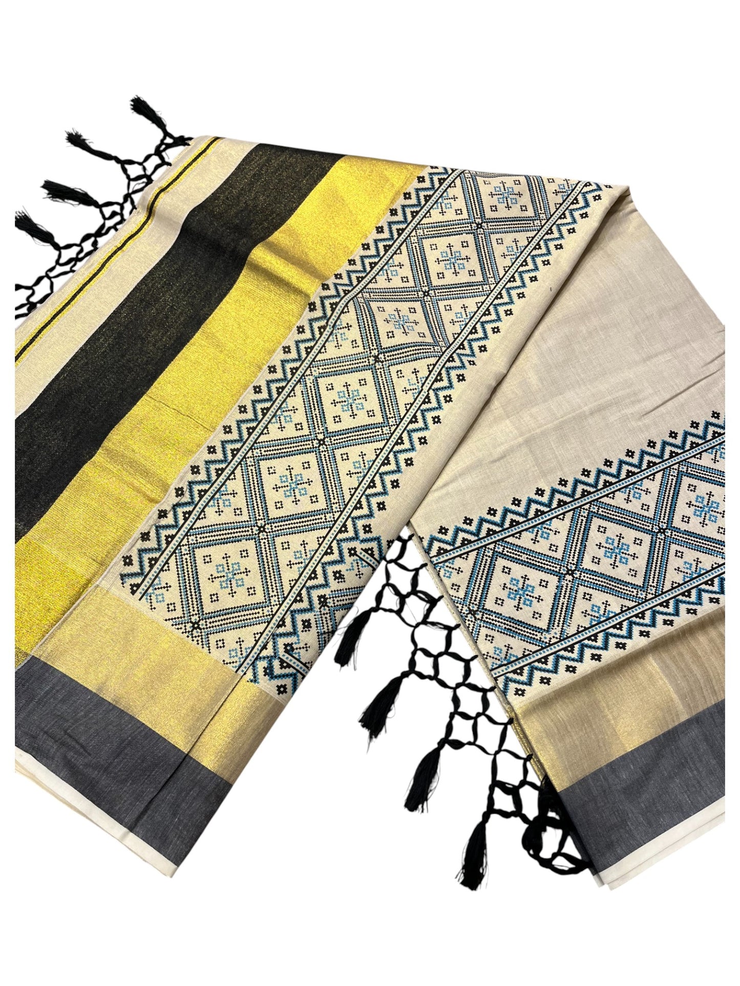 Southloom Kerala Tissue Kasavu Saree Black Hand Printed