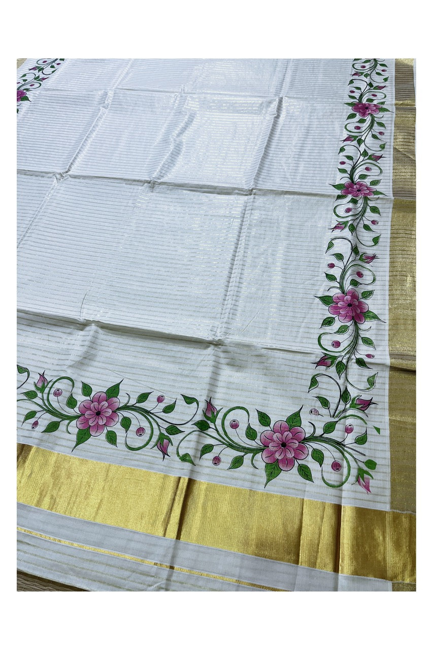 Pure Cotton Kerala Kasavu Lines Design and Pink Floral Block Printed Saree